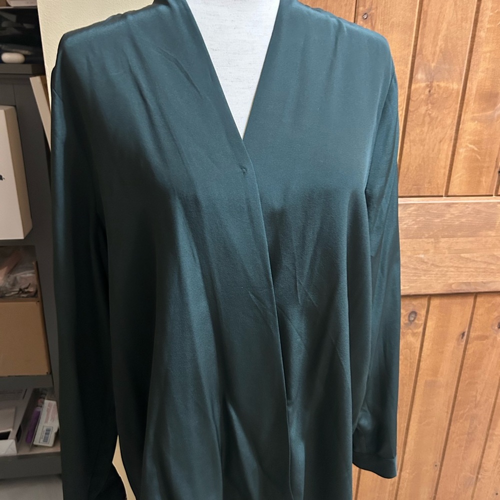 Cuyana 100% Silk Faux Wrap Forest Green Women's Blouse